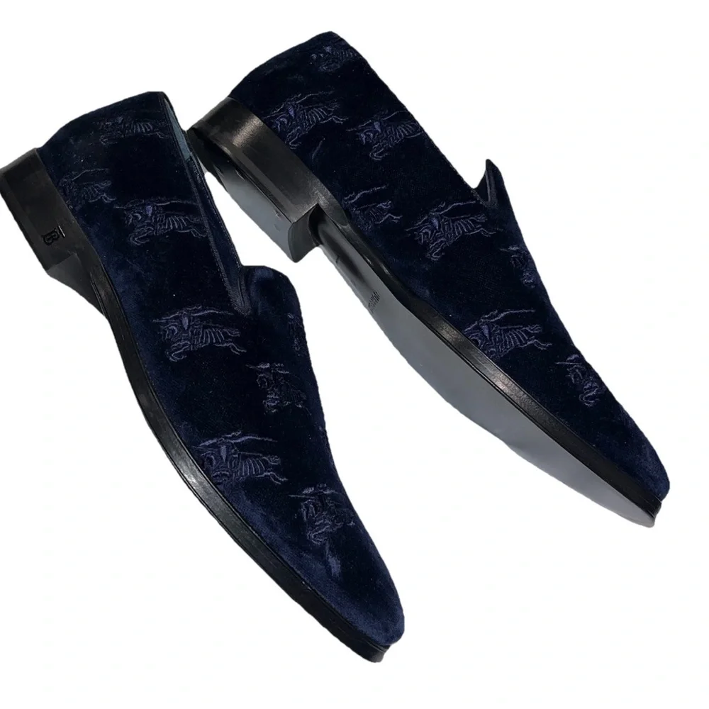 Burberry Blue Loafers Velvet Embroidered Formal Mens 8 Formal Wayne NWOB 🟡
